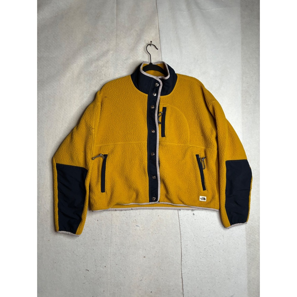 The North Face Womens Denali Fleece Jacket Mustard Yellow Navy Blue Snap Front M